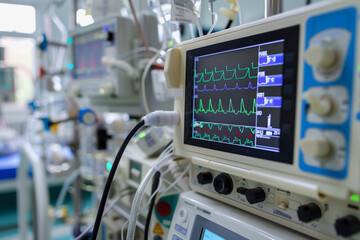 Fototapeta premium A medical monitor displays a heart rate. The monitor is in a hospital setting. Concept of urgency and importance, as the heart rate is being closely monitored
