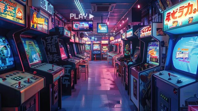 Dimly lit retro arcade with neon lights and vintage game machines, evoking a sense of nostalgia and excitement