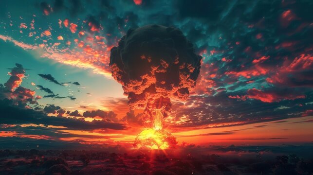 Nuclear explosion of an atom bomb with a mushroom cloud