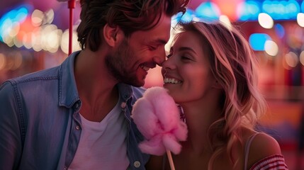 Couple Sharing Cotton Candy and Enjoying Festive Carnival Atmosphere at Night