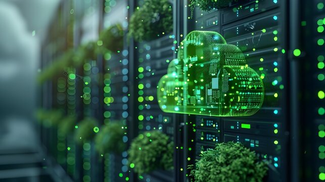 Environmental Benefits of Cloud Computing with Green Energy Icons and Data Centers