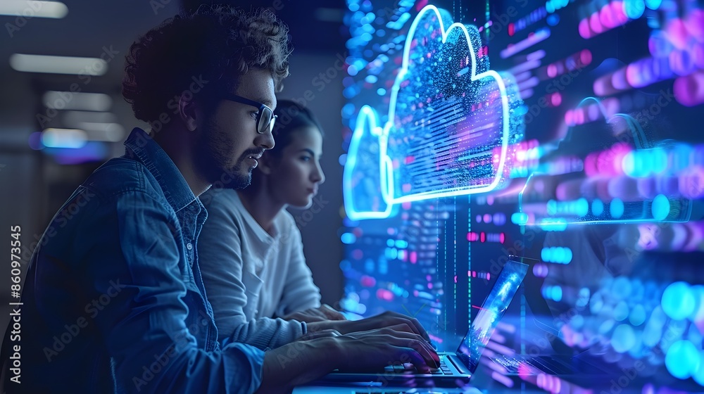 Poster Cloud Native Application Development with Developers Working on Laptops and Cloud Infrastructure