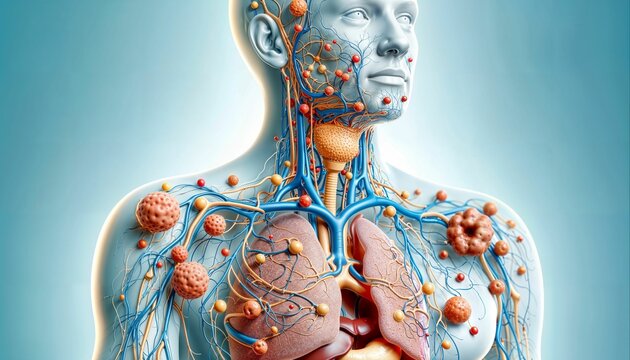 AI generated illustration of the human lymphatic system highlighting lymph nodes and vessels
