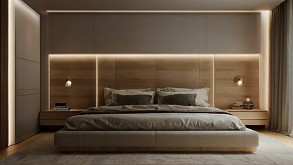 A bedroom with a bed a lamp and a plant in the corner