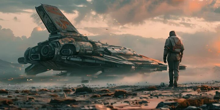 A person stands before a crashed spaceship in a desolate landscape