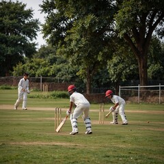 Boys are playing cricket on a grassy field.