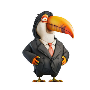 recommend clip art: animal crossing of anthropomorphic Toucan as businessman, full body, standing on 2 legs, 3d character cartoon