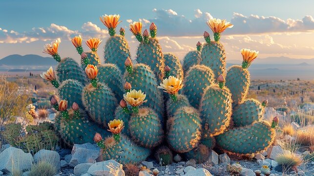 Copiapoa cactus with its distinctive round shape and yellow blooms, thriving in a sunlit desert landscape. Illustration, Minimalism,