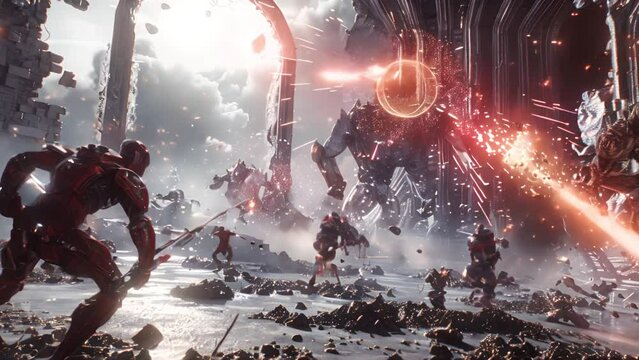 A dynamic battle scene with futuristic warriors