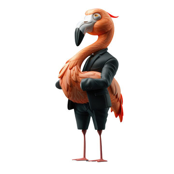 recommend clip art: animal crossing of anthropomorphic Flamingo as businessman, full body, standing on 2 legs, 3d character cartoon