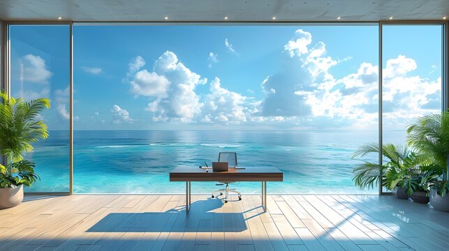 Ocean view home office. Modern luxury ocean front beach view house, holiday inspired minimalist funiture. Tropical scenic landscape background. Contemporary architecture design 3d surreal digital art.