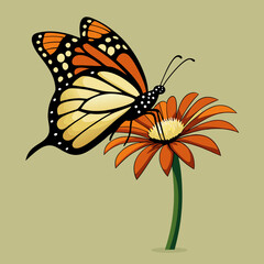 A side view vector art of a monarch butterfly resting on a flower 