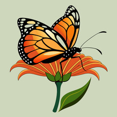 A side view vector art of a monarch butterfly resting on a flower 