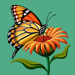 A side view vector art of a monarch butterfly resting on a flower 