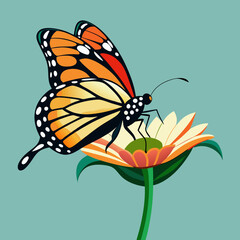 A side view vector art of a monarch butterfly resting on a flower 