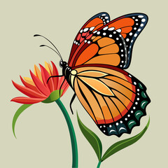A side view vector art of a monarch butterfly resting on a flower 