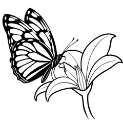 A side view line art of a monarch butterfly resting on a flower 