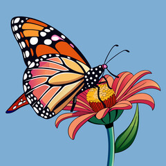 A side view line art of a monarch butterfly resting on a flower 