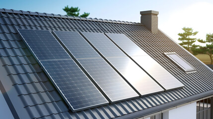 Obraz premium Photovoltaic panels on the roof Roof Of Solar Panels View of solar panels solar cell in the roof house with sunlight : Generative AI