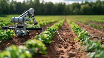 AI-Controlled Farming Robot Tending to Modern Agricultural Field