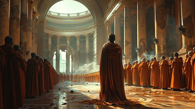 King in a majestic robe, standing in a grand hall with loyal subjects bowing, representing power, authority, and majesty. Illustration, Minimalism,