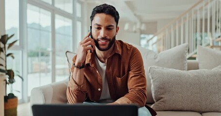 Remote work, man and phone call with smile at home with digital advice consulting. Mobile networking, laptop and conversation on living room couch with tech and web support with online consultation - Powered by Adobe
