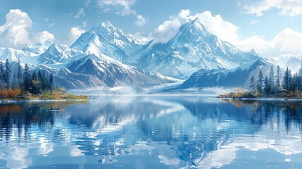 Fototapeta premium Ice melting into a serene lake, with reflections of snow-capped mountains, capturing the transient beauty of nature. Illustration, Minimalism,