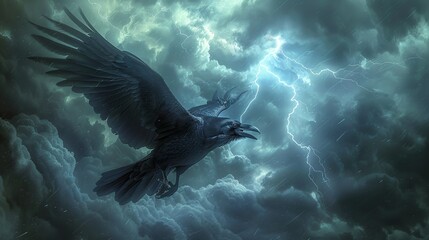 Dark raven flying through an ominous stormy sky, with lightning illuminating its wings, symbolizing mystery and danger. Illustration, Minimalism,