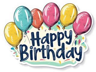Cheerful vector flat illustration of a colorful banner with confetti and bunting displaying "HAPPY BIRTHDAY" text on a white background. Perfect clip art for festive party decoration, celebration