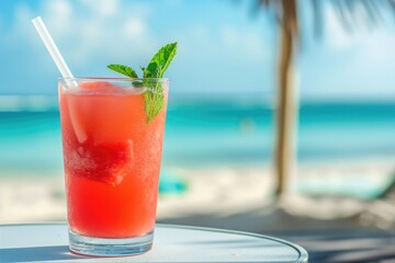 Obraz premium Photo of watermelon juice in a glass with watermelon slice , on the beach , Generative AI