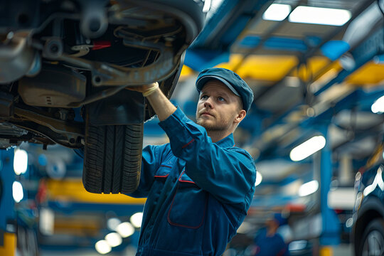 Technical car inspection at a car service workshop. Mechanic in a blue uniform checking the car’s axles in the garage