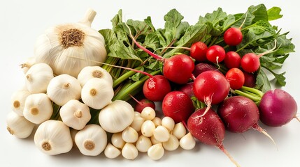 A colorful assortment of allicin and xanthonerich white vegetables including garlic