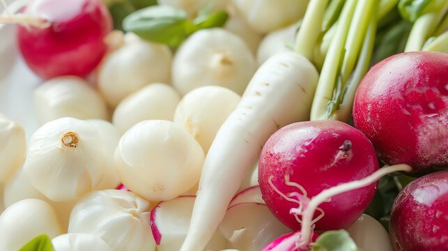 Closeup of a vibrant dish with white vegetables like garlic, radishes, and lychees, highlighting allicin and xanthone content, isolated white background, ideal for nutrition themes