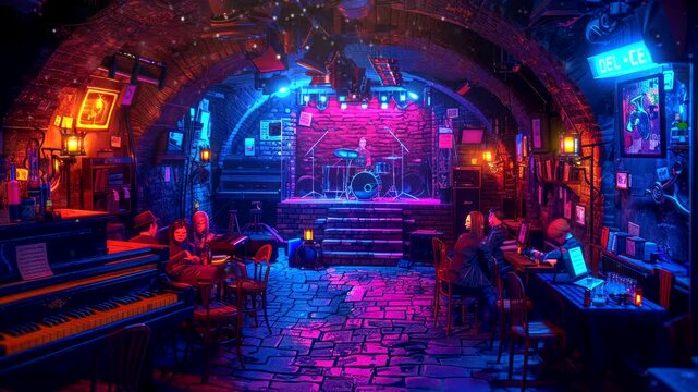 Vibrant urban jazz bar with colorful lights and musical instruments, animation background loop