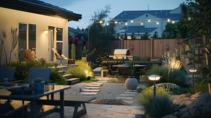 A back yard with a patio at sunset : Generative AI