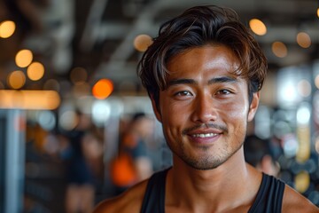 Obraz premium young male Asian fitness instructor as he poses in an indoor gym fitness center. His happiness reflects the passion and dedication he brings to his role.