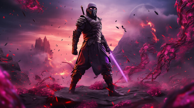 Epic Ninja Warrior with Flaming Sword in a Fiery Battle Stance