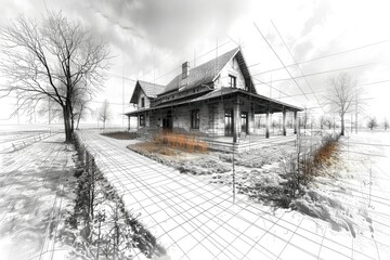  Abstract black and white architectural sketch of a bustling train station with commuters and trains, high resolution