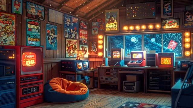 Cozy retro gaming room with vintage arcade machines and bean bag, animation background loop