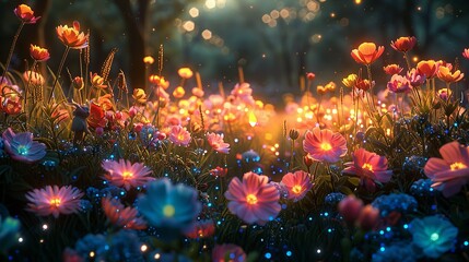 Fototapeta premium Enchanted garden filled with luminous flowers and whimsical creatures, creating a scene of wonder and magic. Illustration, Minimalism,