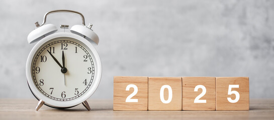 Happy New Year with vintage alarm clock and 2025  block. Christmas, New Start, Resolution,...