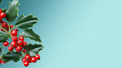 Holly branch with red berries on a blue background.
