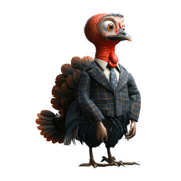 recommend clip art: 
                    animal crossing of anthropomorphic turkey as businessman, full body, standing on 2 legs, 3d character cartoon isolated on transparent background