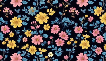 seamless pattern with flowers and leaf. color flowers pink yellow blue baby blue. floral background. wallpaper flower. 