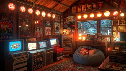 Retro gaming room with classic consoles and cozy decor, animation background loop
