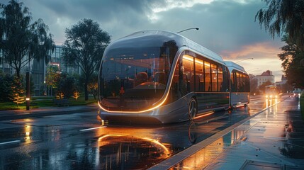 Autonomous bus arriving at a futuristic bus stop, seamlessly integrating with smart city...