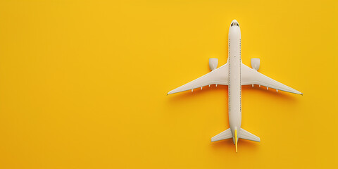 Fototapeta premium Miniatur-Spielzeugflugzeug auf unifar Hintergrund mit Raum für Text Sommerurlaub mit dem Flugzeug. Reisebüro-Banner-Design-Vorlage, Banner- oder Header-Modell