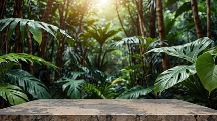 Obraz premium Wood tabletop podium floor in outdoors tropical garden forest blurred green leaf plant nature background.Natural product placement pedestal