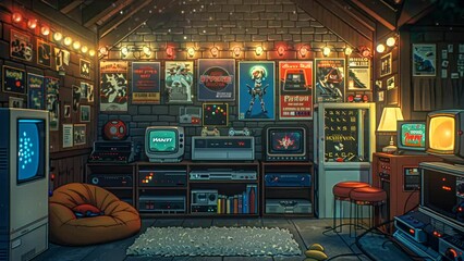 Cozy retro arcade room with vintage games and bean bag, animation background loop - Powered by Adobe