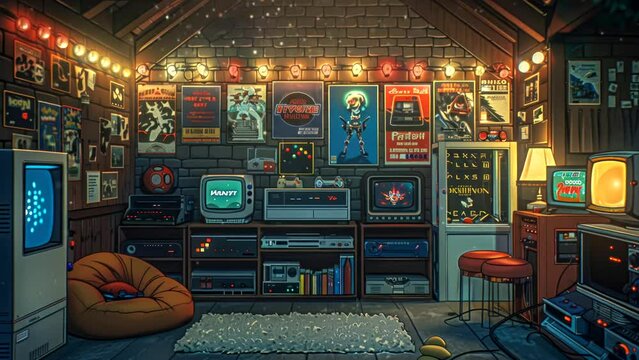 Cozy retro arcade room with vintage games and bean bag, animation background loop - Powered by Adobe